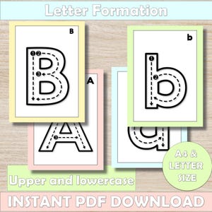 Op de afbeelding: Educatieve flashcards voor lettervorming. De kaarten tonen hoofdletters en kleine letters A en B, met genummerde richtlijnen voor het schrijven. De kaarten staan in pastelkleurige frames met de tekst "Letter Formation" en "A4 & LETTER SIZE".