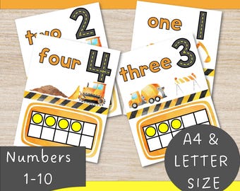 May include: Construction themed ten frame posters for teaching early math skills. The posters feature numbers 1-4 with corresponding images of construction vehicles and ten frames with yellow circles. The text "Numbers 1-10" and "Instant PDF Download" are also included.