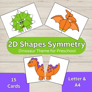 以下が含まれることがあります： 未就学児向けの恐竜をテーマにした2D図形対称カードのセット。カードには、緑のトリケラトプス、オレンジ色のプテラノドン、紫色のトゲのあるオレンジ色の恐竜など、カラフルな恐竜のイラストが描かれています。カードのテキストは「2D Shapes Symmetry」と「Dinosaur Theme for Preschool」です。