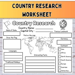 Puede incluir: Una hoja de trabajo de investigación de países en blanco y negro con el título "Country Research Worksheet" en la parte superior. La hoja de trabajo incluye secciones para el nombre del país, la capital, el dibujo de la bandera y datos interesantes. También se incluye un mapa del mundo.