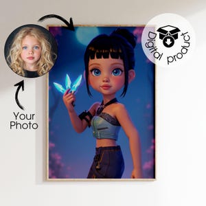 Puede incluir: Una impresión artística digital enmarcada que presenta a una niña de dibujos animados con ojos azules y cabello negro sosteniendo cristales azules brillantes. La impresión incluye una foto circular y el texto "Your Photo". También hay un icono de "Producto digital".