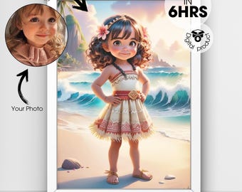 May include: A digital illustration of a young girl with brown hair and brown eyes wearing a brown and white dress with a brown belt. She is standing on a beach with blue waves and a sunset in the background. The image is a digital product and is ready in 6 hours.