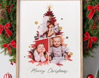 Personlig julaftonposter med familjefoto, anpassat julgranskollage med 3 bilder, digital väggkonst, personlig julklapp