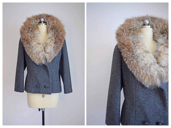 short wool jacket | gray wool jacket with fur coll