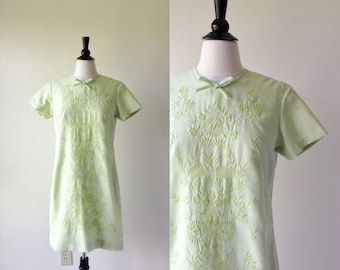 Cricket Green Embroidered Shift Dress | 1960s