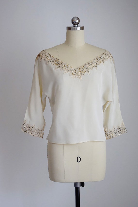 vintage 1940's ecru lace & rhinestone blouse - image 5