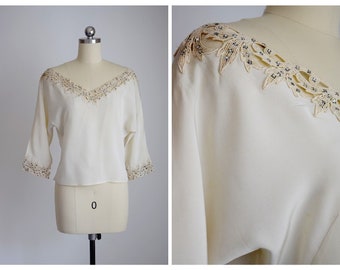 vintage 1940's ecru lace & rhinestone blouse