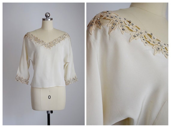 vintage 1940's ecru lace & rhinestone blouse - image 1