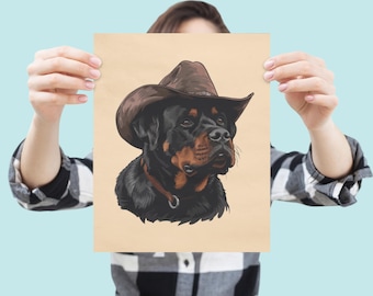 Rottweiler Dog Art Portrait, Western Themed Rottweiler Poster, Rottweiler Matte Posters, Rottweiler Lover, Rottweiler Dad, Rottweiler Mom