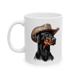Western Themed Doberman Mug, Cute Dog Mug, Mug For Doberman Lovers, Dog Ceramic Mug, (11oz, 15oz), Dog Coffee Mug, Doberman Gift