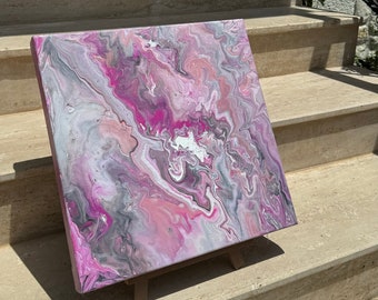 Pintura acrílica fluida, tela abstrata rosa, presente de boas-vindas