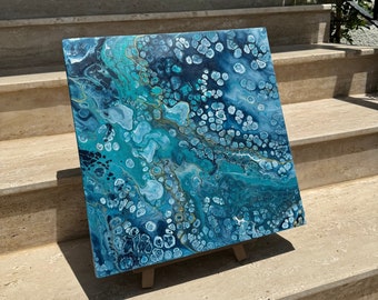 Pintura acrílica fluida, arte abstrata de ondas do oceano, peça única, tinta azul.