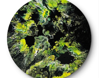 Pintura acrílica verde, arte abstrata moderna, tela redonda de 60 cm (24 polegadas).