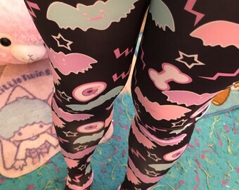 Eyeball Bone Creepy Cute Bat Leggings Tights, Rainbow Version, Bat Tights, Pastel Goth Tights, Lavender Eyeball Tights