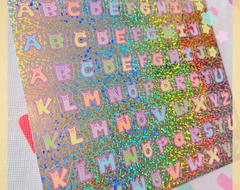 Dreamy Holographic Bear Alphabet Sticker Sheet, kawaii stationary, kawaii sticker sheet, cute sticker sheet, pastel sticker sheet