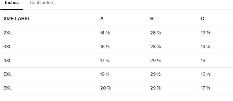 May include: Size chart for clothing with measurements in inches. The chart shows the size label, chest measurement (A), waist measurement (B), and sleeve length (C).