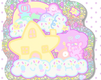 May include: A pastel-colored sticker featuring a star-shaped house with a rainbow, clouds, and other whimsical characters. The sticker is decorated with glitter and has a sparkly finish.