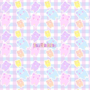 May include: A seamless pattern featuring pastel-coloured cartoon bears on a light blue and pink gingham background. The bears are in various poses and are outlined in white.