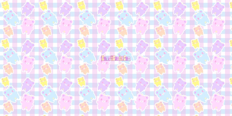 May include: A seamless pattern featuring pastel-coloured cartoon bears on a light blue and pink gingham background. The bears are in various poses and are outlined in white.