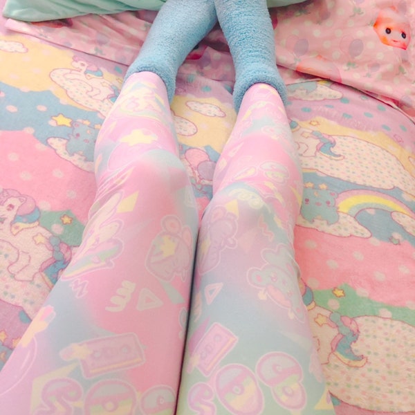 Sweetie Dreams and Trixie 80s Parfait Yume Kawaii Leggings, Fairy Kei Leggings, Pastel Bear Leggings  (made to order)