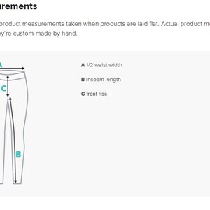 May include: Diagram showing how to measure the waist, inseam, and front rise of trousers. The diagram shows a pair of trousers with labels A, B, and C indicating the measurements.