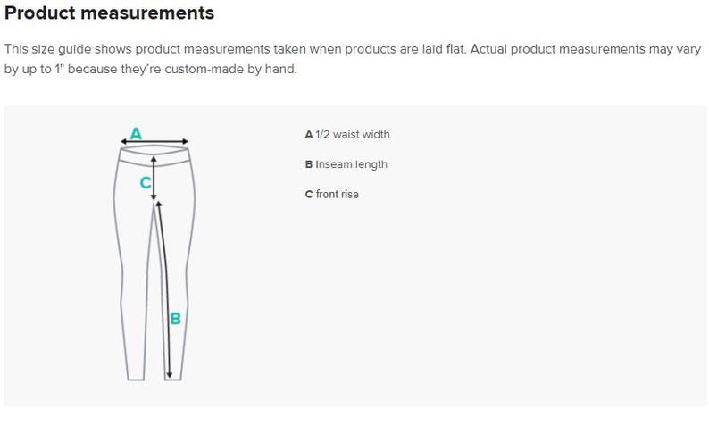 May include: Diagram showing how to measure the waist, inseam, and front rise of trousers. The diagram shows a pair of trousers with labels A, B, and C indicating the measurements.