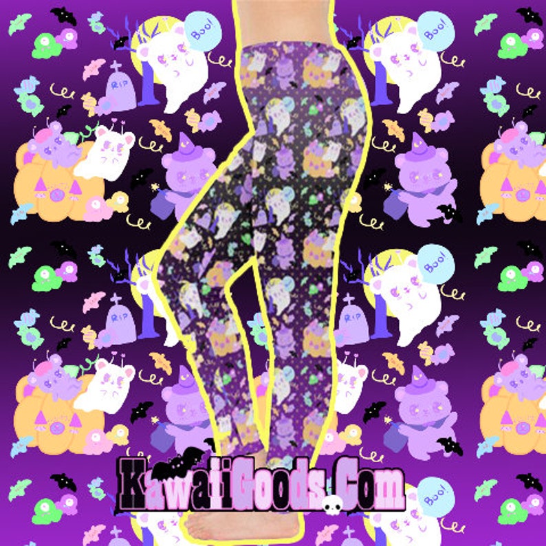 May include: Purple leggings with a repeating pattern of cute ghosts, pumpkins, bats, and candy. The pattern is in shades of pink, white, and yellow. The leggings have the text "KawaiiGoods.com" printed on the bottom.
