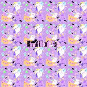 May include: A seamless pattern featuring a cute cartoon ghost, a pumpkin, and a witch on a purple background with stars, bats, and candy corn. The text "Boo!" appears in a speech bubble.