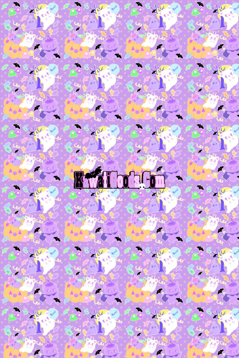 May include: A seamless pattern featuring a cute cartoon ghost, a pumpkin, and a witch on a purple background with stars, bats, and candy corn. The text "Boo!" appears in a speech bubble.