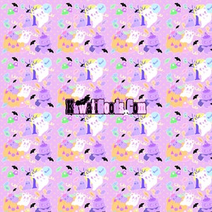 May include: A seamless pattern featuring a variety of Halloween-themed illustrations on a light pink background. The pattern includes ghosts, bats, pumpkins, candy, and bears wearing witch hats. The text "Boo!" appears in a speech bubble.