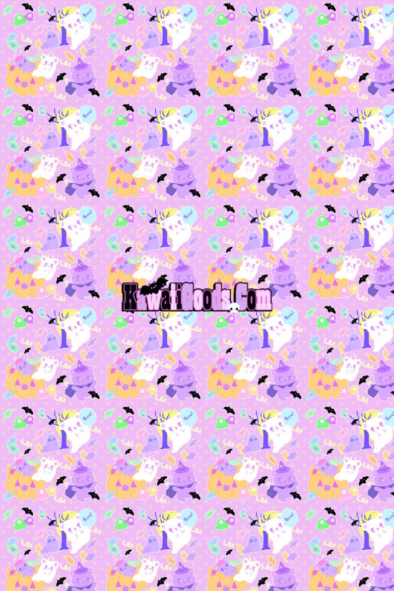 May include: A seamless pattern featuring a variety of Halloween-themed illustrations on a light pink background. The pattern includes ghosts, bats, pumpkins, candy, and bears wearing witch hats. The text "Boo!" appears in a speech bubble.