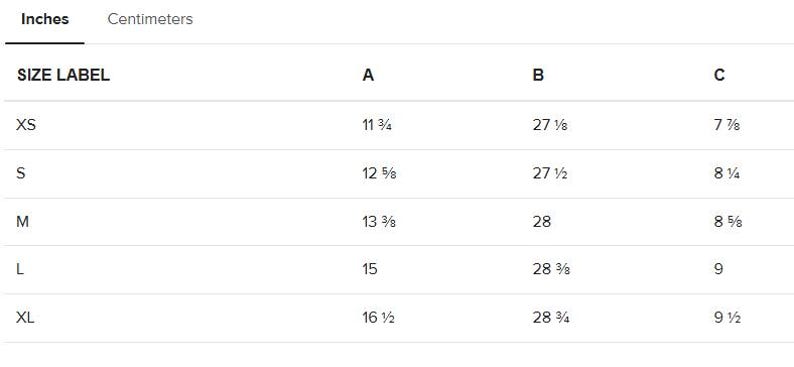 May include: Size chart showing measurements in inches for a garment. The chart includes measurements for the bust, waist, and hips in sizes XS, S, M, L, and XL.