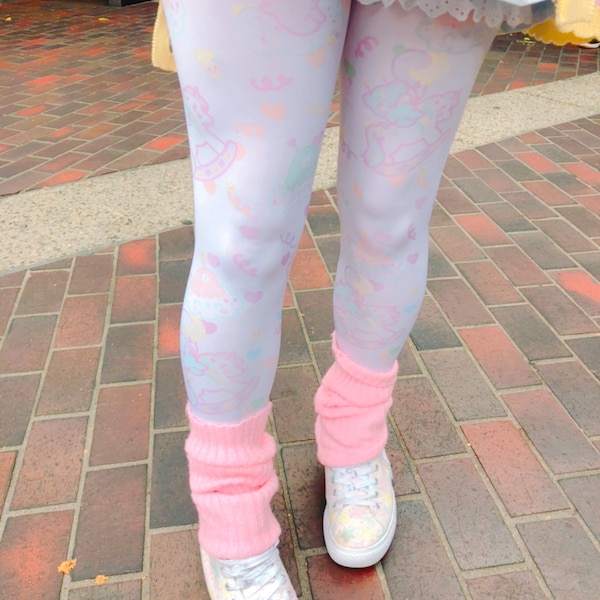 Sweetie Dreams Rocking Horse and Trixie the alien Bear , Fairy Kei Leggings, Pastel Bear Leggings  (made to order)