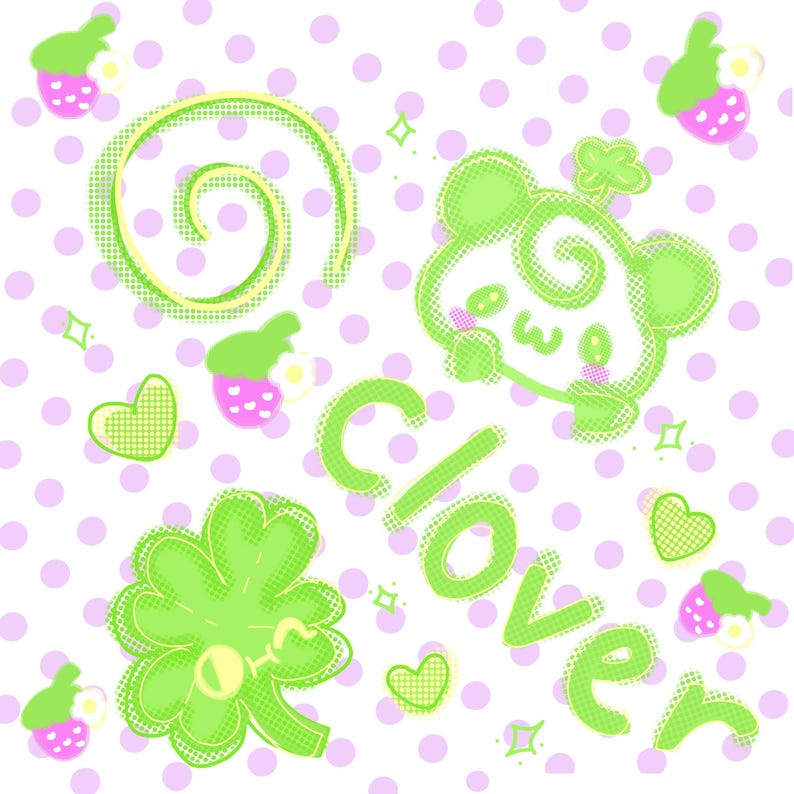 May include: A white background with light purple polka dots featuring green graphic elements including a four-leaf clover, a stylized bear face, small hearts, strawberries with green tops, a swirl, and the word clover in green lettering.