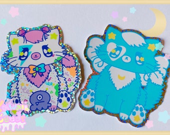 Kawaii Kitty Holographic Sticker, Glitter Sticker, kawaii stickers, pastel stickers, cute stickers, fairykei stickers,