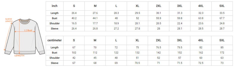 May include: A size chart for a long-sleeve sweatshirt featuring a line drawing of the garment with labels for length, sleeve length, and 1/2 bust. The table provides measurements in inches and centimeters for sizes S through 5XL, including length, bust, shoulder, and sleeve.