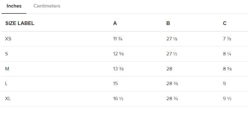 May include: Size chart showing measurements in inches for a garment. The chart includes measurements for the bust, waist, and hips in sizes XS, S, M, L, and XL.