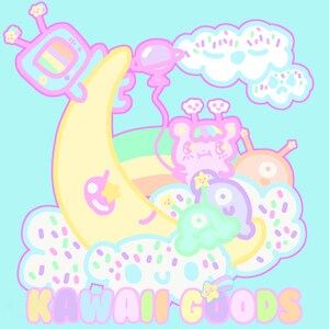May include: A colourful illustration with a crescent moon, clouds, and cartoon characters in pastel shades. A retro TV, a balloon, and the text "KAWAII GOODS" are also included. The design has a cute, playful aesthetic.