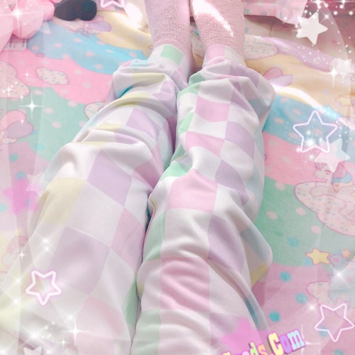 Pastel Checkered Fairy Kei Pants Joggers, fairykei pants, kawaii clothing, cute clothing, pastel pants, clouds pants, pastel clothing