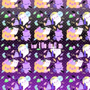 May include: A seamless pattern featuring a purple and black gradient background with white stars. The pattern includes various Halloween-themed elements such as ghosts, bats, pumpkins, candy, and bears wearing witch hats. The text "Boo!" and "RIP" are also included in the pattern.