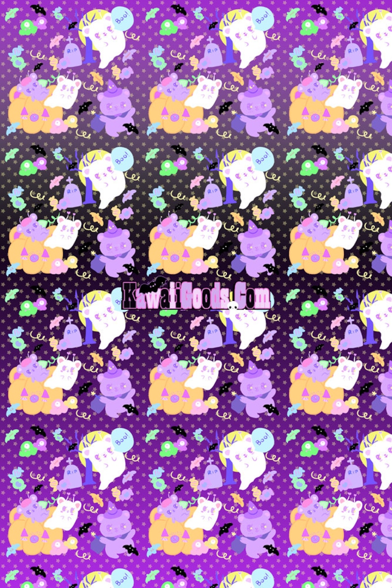 May include: A seamless pattern featuring a purple and black gradient background with white stars. The pattern includes various Halloween-themed elements such as ghosts, bats, pumpkins, candy, and bears wearing witch hats. The text "Boo!" and "RIP" are also included in the pattern.