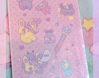 Hurt Bunny Holographic Sticker Sheet , kawaii stationary, kawaii sticker sheet, cute sticker sheet, pastel sticker sheet cute