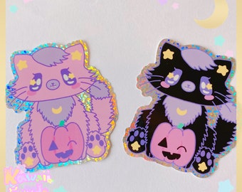 Creepy Cute Kitty Halloween Holographic Sticker, Glitter Sticker, kawaii stickers, pastel stickers, cute stickers, fairykei stickers