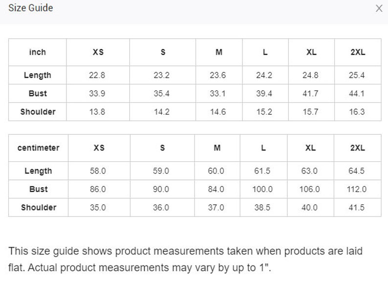 May include: A size guide showing product measurements in inches and centimetres. Measurements are provided for length, bust, and shoulder, ranging from XS to 2XL. Length measurements range from 58.0cm to 64.5cm, or 22.8 to 25.4 inches.