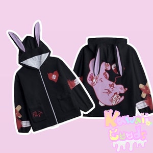 Moletom com capuz com bandagem de coelho dolorosamente machucado, moletom com capuz de pelúcia, moletom com capuz menhera, suéter menhera, jaqueta menhera, jaqueta yami kawaii, yami kawaii