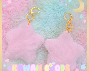 Cute fuzzy starry dainty Earrings, Kawaii earrings, cute earrings, fluffy stars earrings, dreamy earrings, star earrings, kawaii fluffy pink