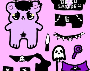 Emo Bear Dress Up Sticker Sheet, kawaii stationary, kawaii sticker sheet, cute sticker sheet, pastel sticker sheet