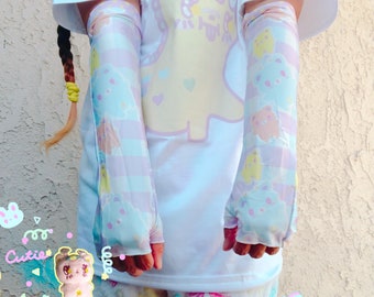 Gummy Bear Alien Gingham Handschuhe, Kawaii Handschuhe, süße Handschuhe, Pastell Accessoires Handschuhe