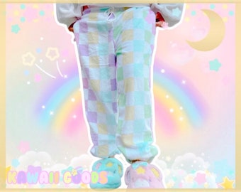 Pastel Checkered Fairy Kei Pants Joggers, fairykei pants, kawaii clothing, cute clothing, pastel pants, clouds pants, pastel clothing,plush