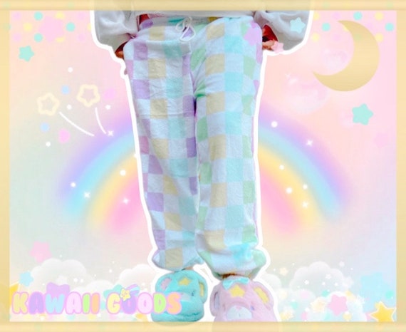Pastel Checkered Fairy Kei Pants Joggers, Fairykei Pants, Kawaii Clothing,  Cute Clothing, Pastel Pants, Clouds Pants, Pastel Clothing,plush 
